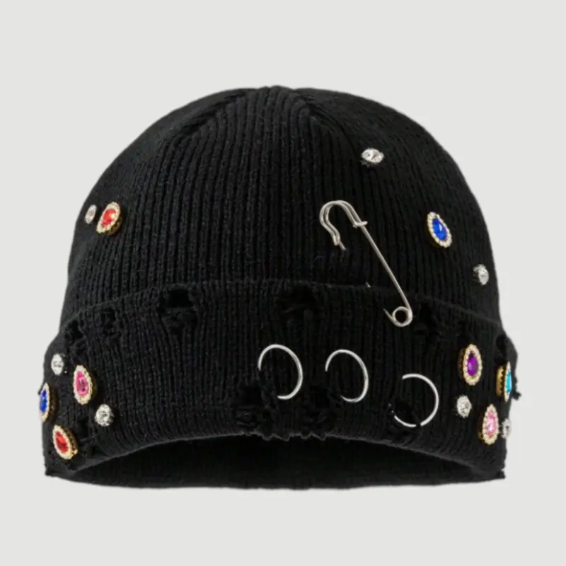 1 piece Unisex Fashion Handmade Rhinestone Teardrop Heavy Embellished Distressed Metal Brooch Knit Slouchy Beanie, Stylish Slouch Hat, Knitted Slouchy Cap. Unique Knit, Y2K Style, for Daily Warmth and Outfit Matching in Autumn and Winter