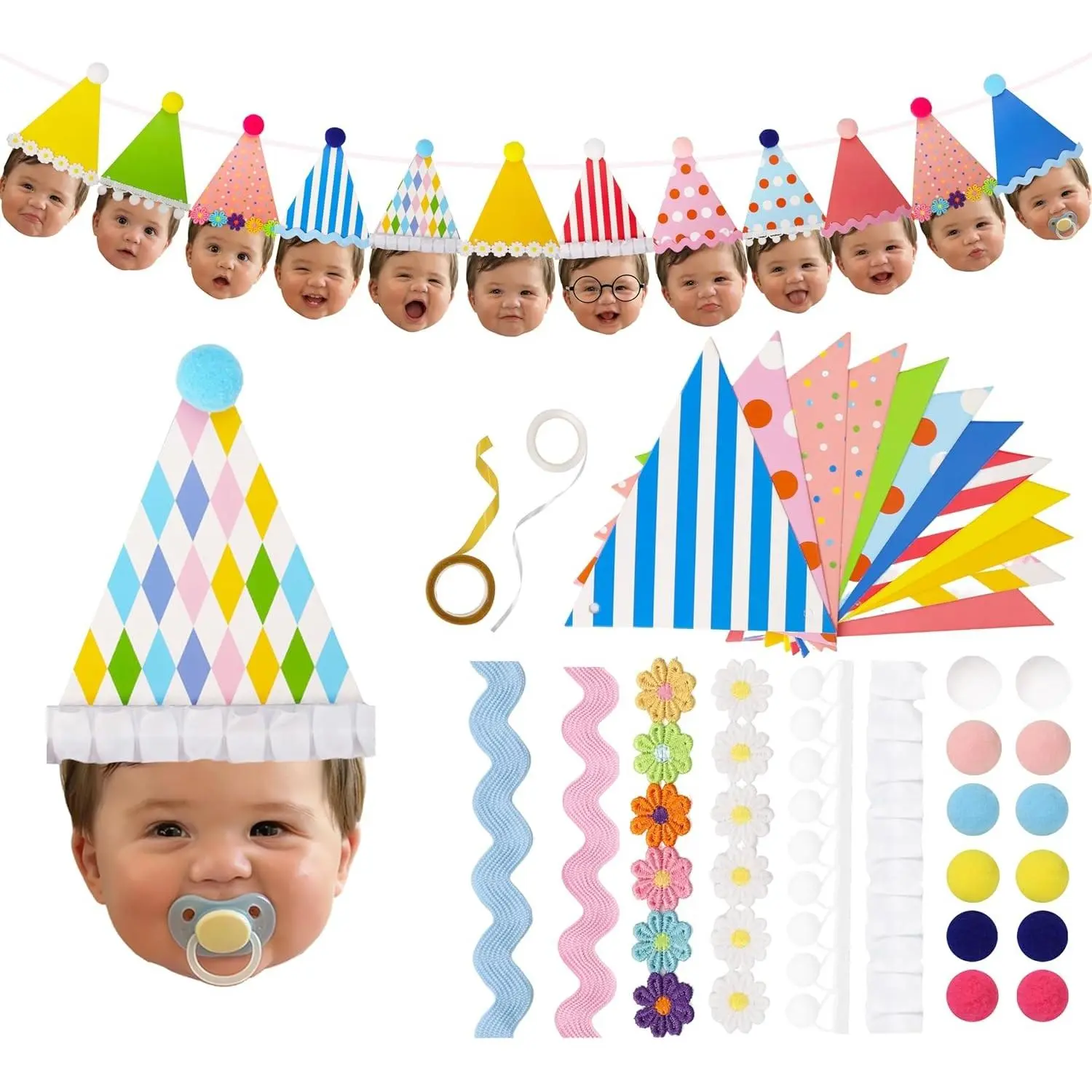 DIY Birthday Face Banner Craft Kit Fun to Be One Birthday Decorations | Personalized Photo Garland for First Baby Shower Party - Includes 12 Hats & Decorations (Need to Print Photos & Assemble)