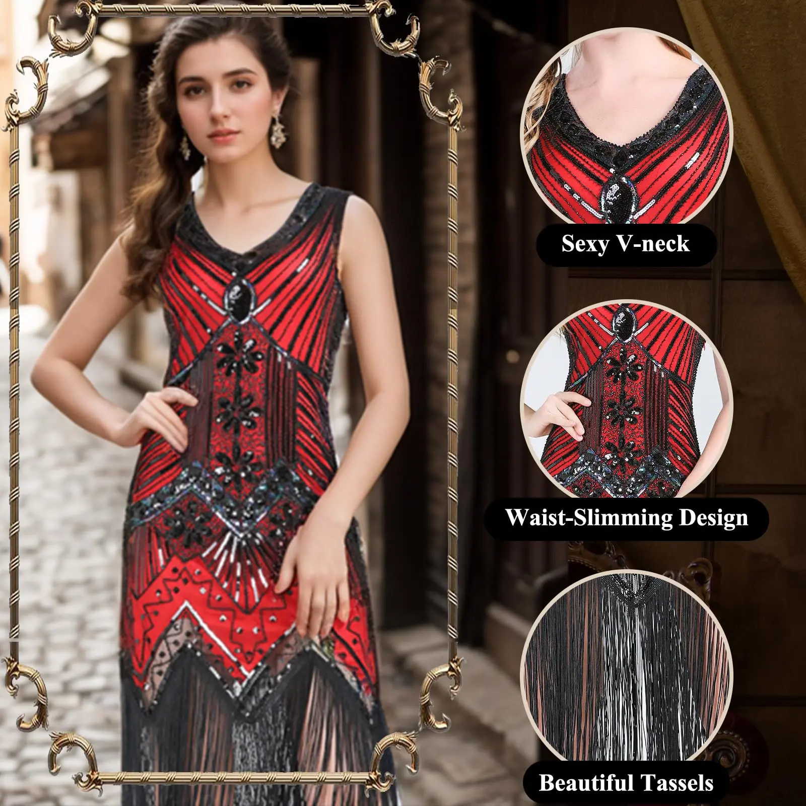 FEPITO Women's Vintage 1920s Flapper Costume Set - V-Neck Sequin Beaded Fringed Midi Zipper Dress with Great Gatsby Accessories, Fishnet Tights, Black Long Gloves, Earrings, Headband, Pearl Necklace for Evening, Party Wear, Tango (Style 4, Red) Womenswear