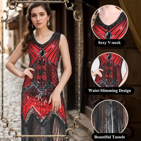 FEPITO Women's Vintage 1920s Flapper Costume Set - V-Neck Sequin Beaded Fringed Midi Zipper Dress with Great Gatsby Accessories, Fishnet Tights, Black Long Gloves, Earrings, Headband, Pearl Necklace for Evening, Party Wear, Tango (Style 4, Red) Womenswear