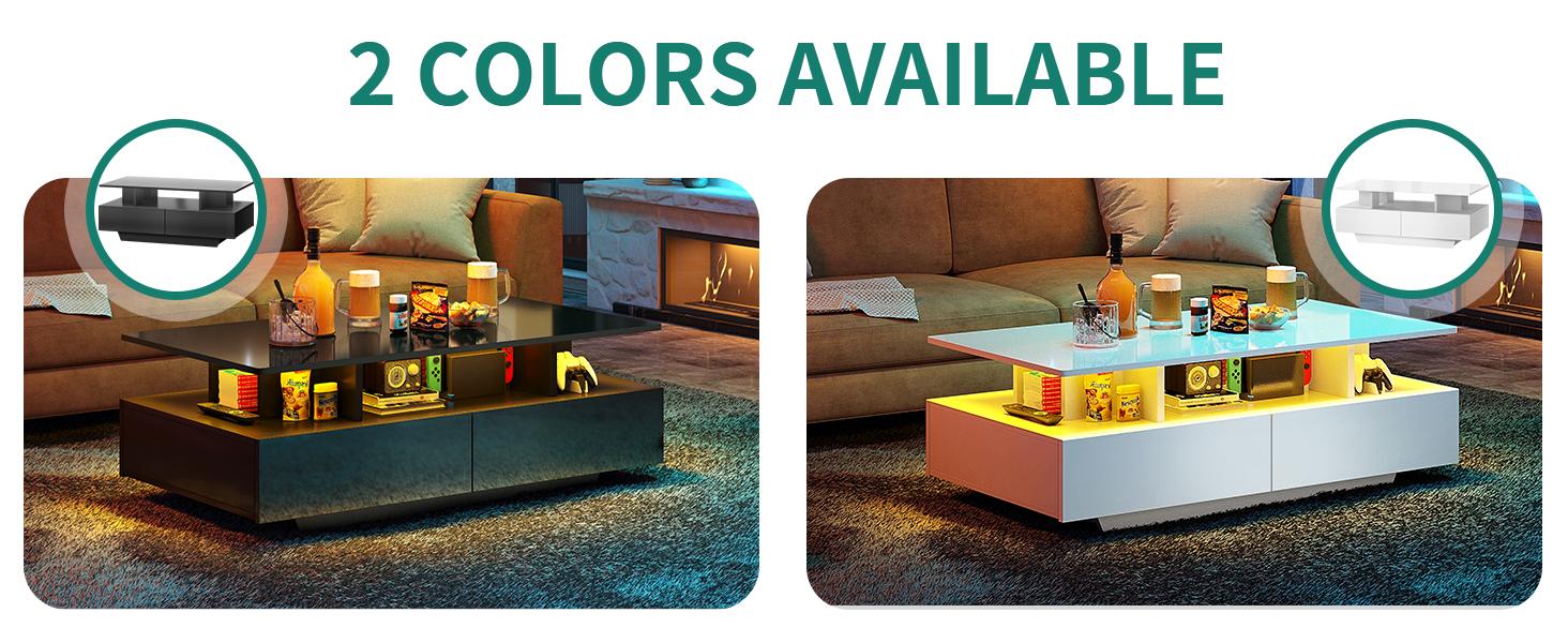 DWVO LED Coffee Table with Storage, High Glossy LED Coffee Tables for Living Room, Small Center Table with Open Display Shelf & Sliding Drawers