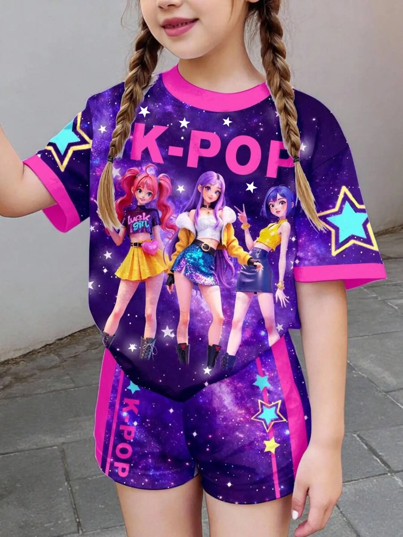 Kids' Starry Idol Set, Anime Girl Print, Graphic Print Set, Short Sleeve and Shorts Two-Piece, Casual Outfit Set, Casual Slim-Fitting Suit, Summer Clothes Set, Summer Outfits Set