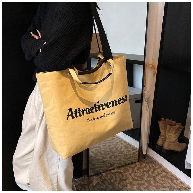Casual Letter Print Canvas Tote Bag, Large Capacity Commute Shoulder Bag, Lazy Style Handbag, Student School Bag