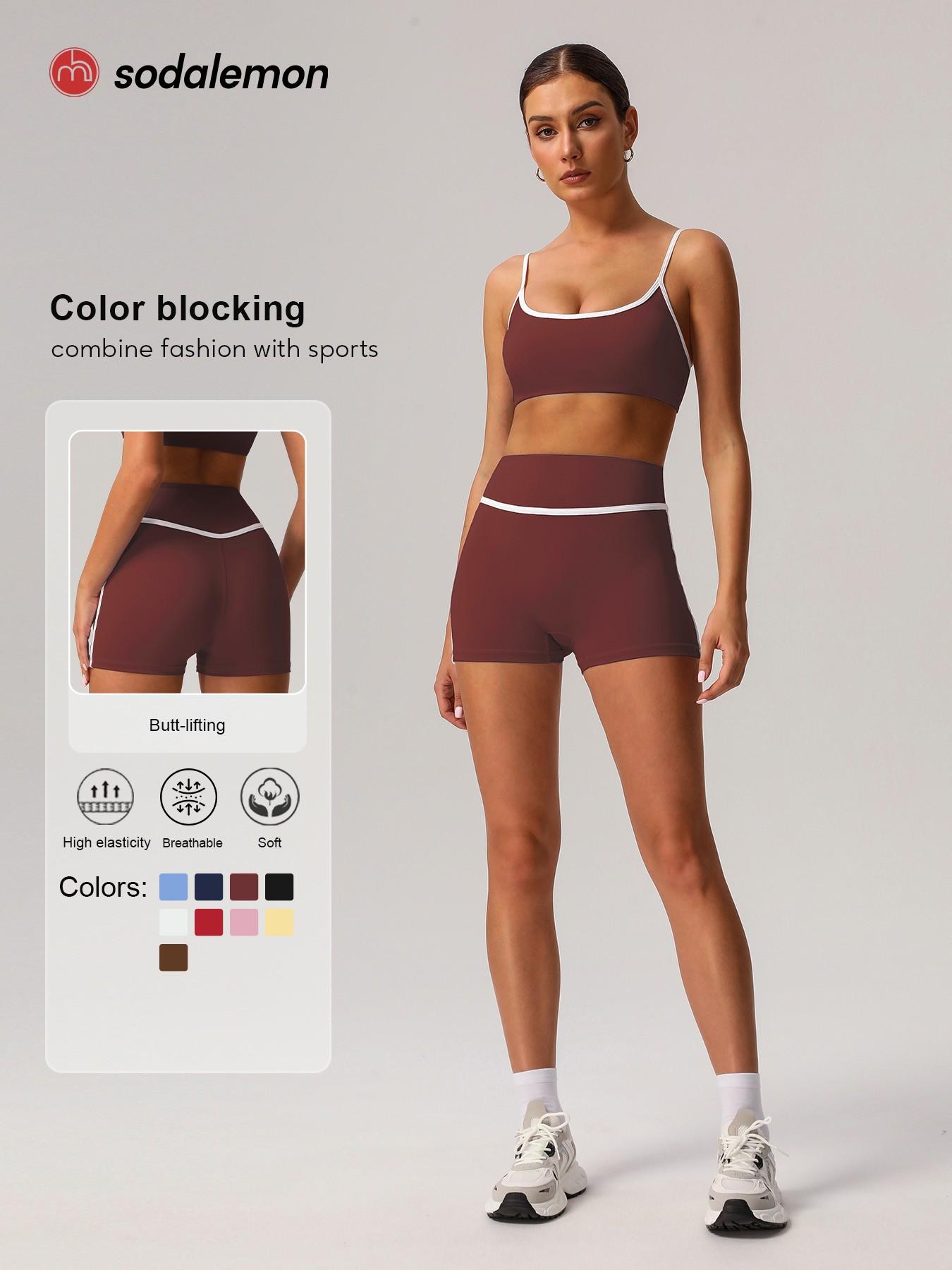 Sodalemon Two-Piece Set Women's Solid Crop Sports Bra & High Waist Skinny Shorts Tracksuit Set, Breathable Comfortable Sports Outfits for Yoga Gym Workout Running, Ladies Sportswear for All Seasons