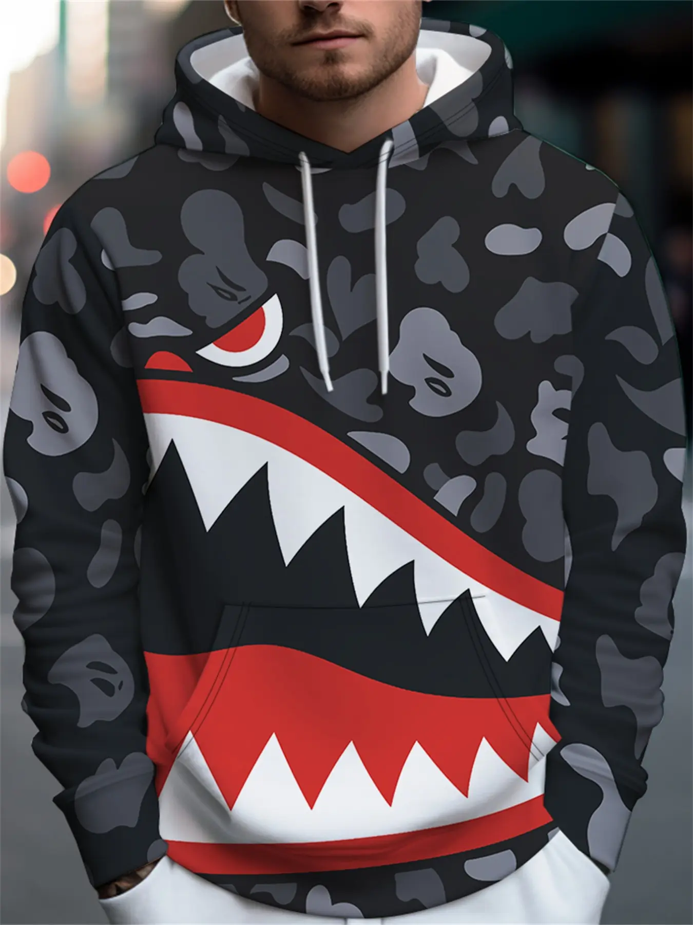 Men's Hooded Sweatshirt, Dark Camo Shark Mouth Full Print, Casual Loose Fit, Fall & Winter, Hip Hop Style, Large Pockets
