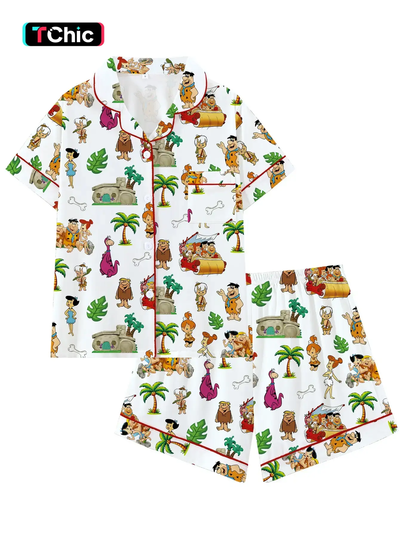 Vintage Stone Age Cartoon Collar Short Sleeve Pajama Set, Comfortable Sleepwear for Home and Outdoors, Perfect Gift for Relaxing Nights