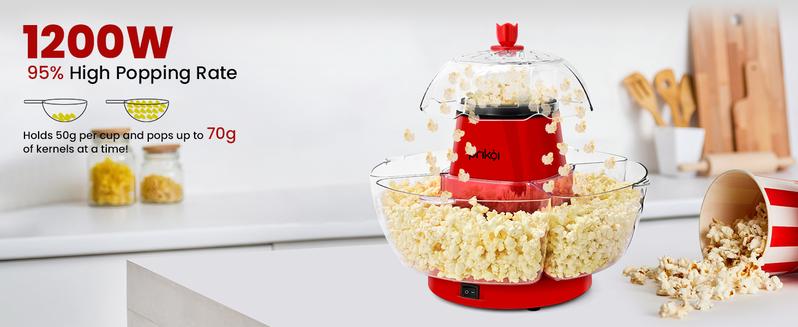 SUSTEAS Oil-free popcorn machine with hot air system for crispy pops, includes 4 bowls & cups (4-serving capacity).