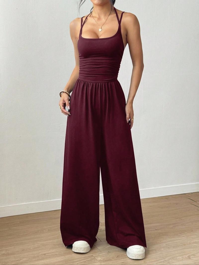 2026 Women's Sleeveless Halter Jumpsuit, Ruched Waist Wide-Leg Palazzo Jumpsuit with Pockets