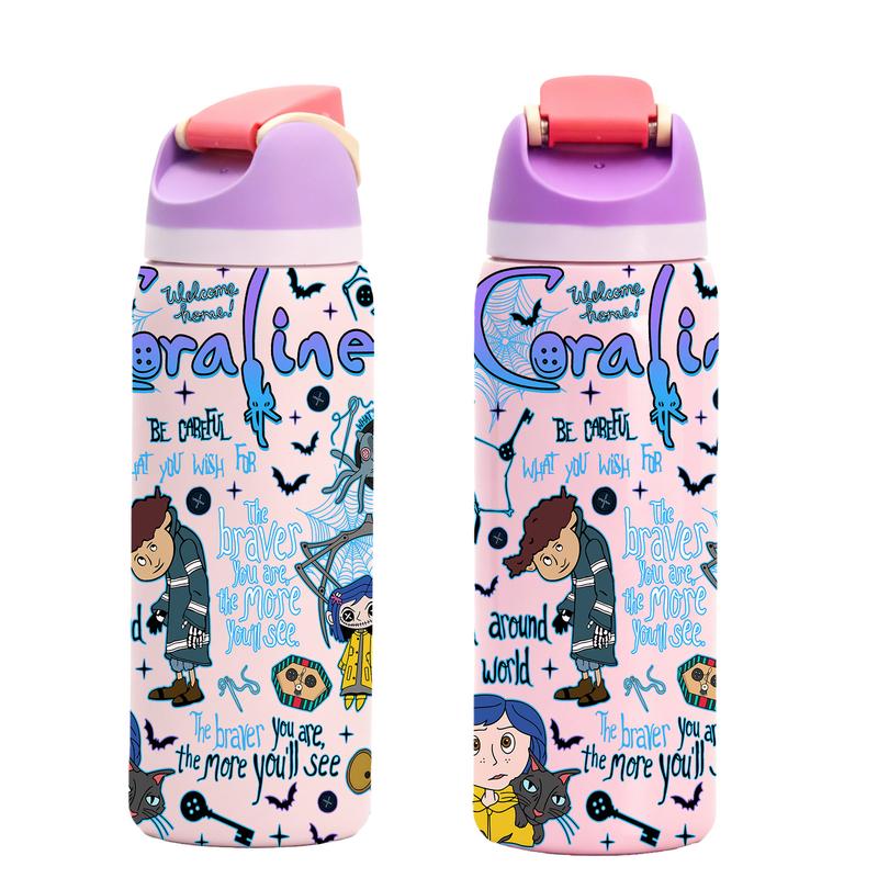 1 Pc 19/24/32oz double wall stainless steel thermal mug, vacuum insulated skinny tumbler, leak-proof lid, keeps drinks hot 12 h/cold 24 h, coraline doodle print, reusable for hot cold drinks, gift for holiday Christmas, Insulated Cups, Drinkware