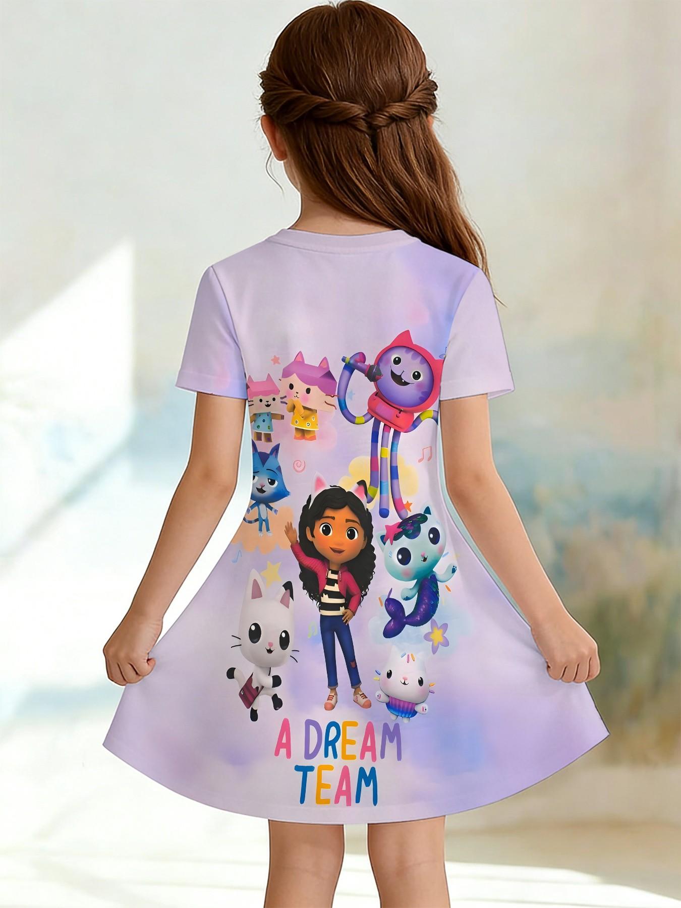 Girls' Base Gabby Team Full Print Dress, Cartoon Dream Team Short Sleeve A-Line Dress, Summer Casual Dress, Birthday Gift, Festival Gift