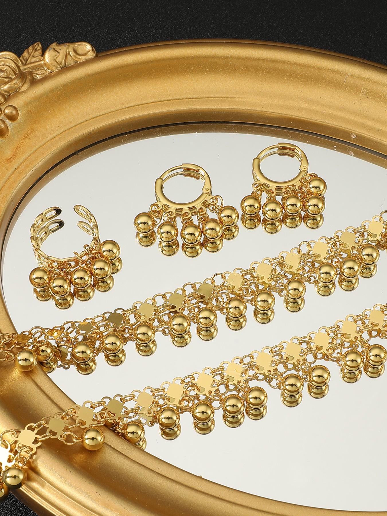 3 Piece Vintage Gold Bead Bell Necklace Set, Women's Unique Long Sweater Chain, Bridal Party Jewelry Gift, Casual Style