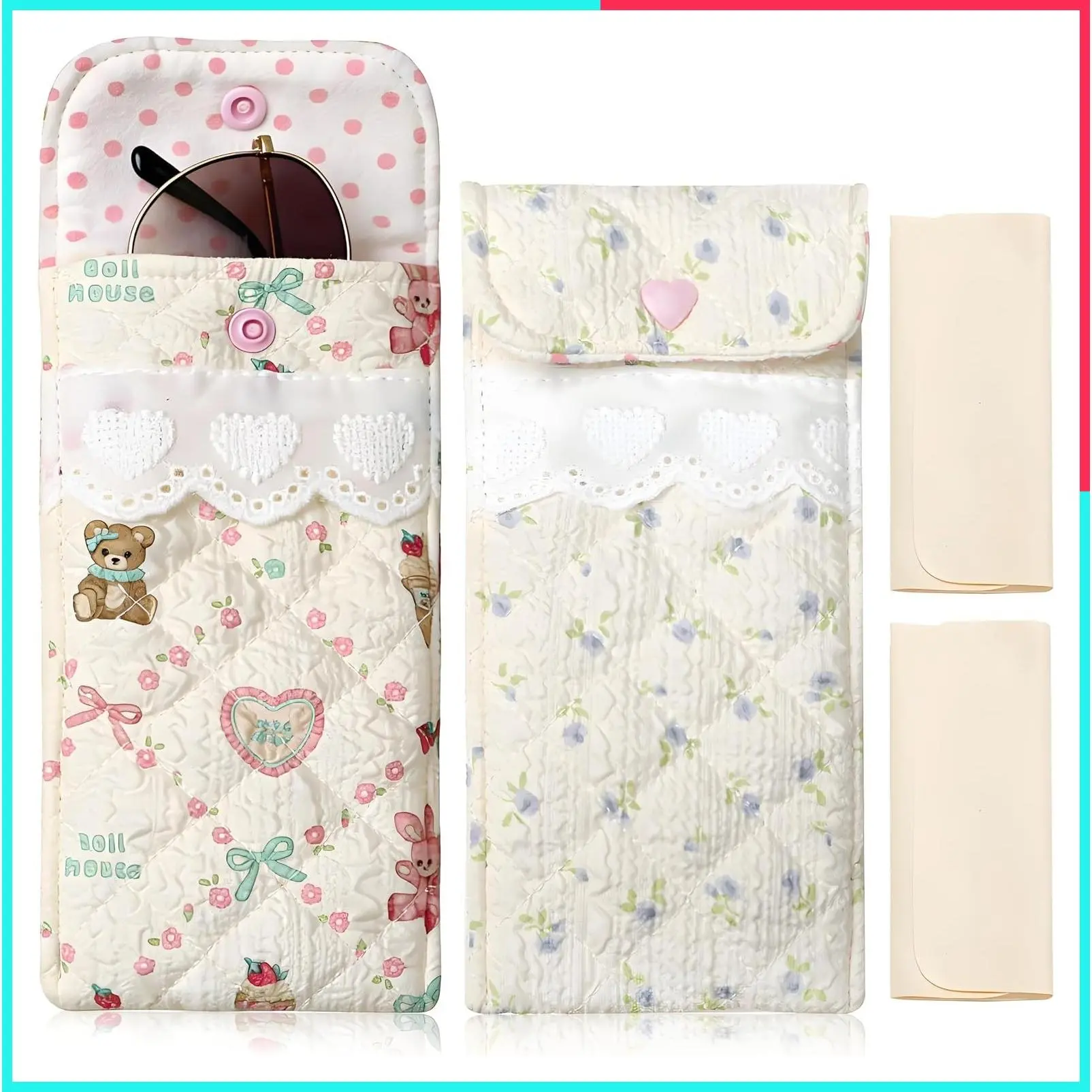 2 Pack Quilted Sunglasses Pouch with Cleaning Cloth and Soft Cotton Lining - Glasses Case for Women & Girls