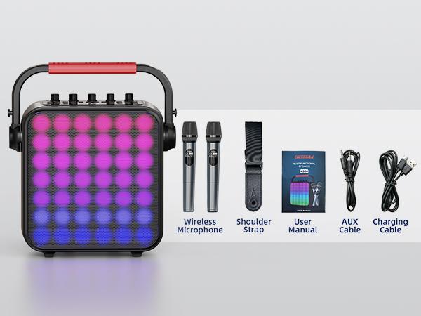 Karaoke Machine for Adults & Kids with Full-Screen LED Lights, Portable BT Speaker with 2 Microphones, Bass/Treble Adjustment, Supports TWS/FM/AUX/USB/TF Card for Home Party