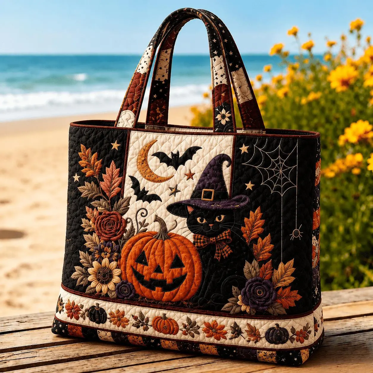 Women's Vintage Patchwork Quilted Tote Bag, Halloween-Autumn Large-Capacity Storage Handbag with Black Cat, Bat, Witch Hat, Pumpkin Prints, Machine-Washable Commuting Home Organizer Bag