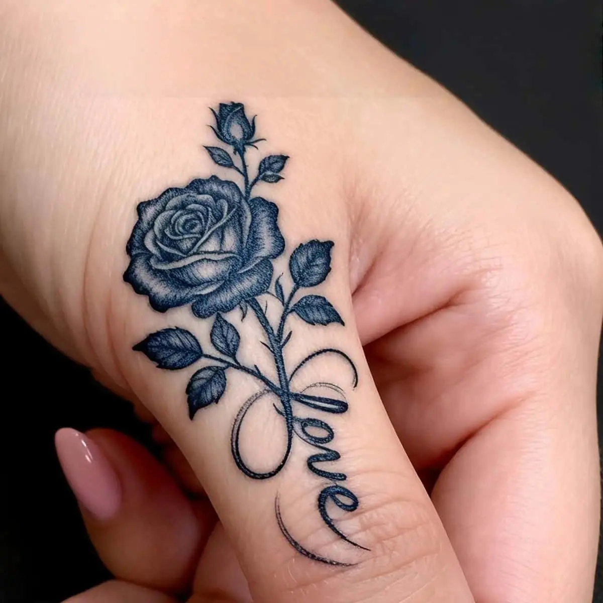 Waterproof Black Rose Temporary Tattoos with Cursive Love Script Semi Permanent Floral Fake Tattoo Sheet Small Flower Finger Hand Body Art Stickers for Women Girls