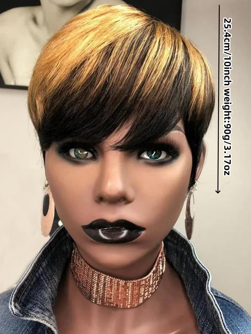 1b/27 Honey Blonde Ombre Color Short Wavy Bob Pixie Cut Wig, Full Machine-Made Human Hair, with Bangs for Women, Stylish & Versatile Design