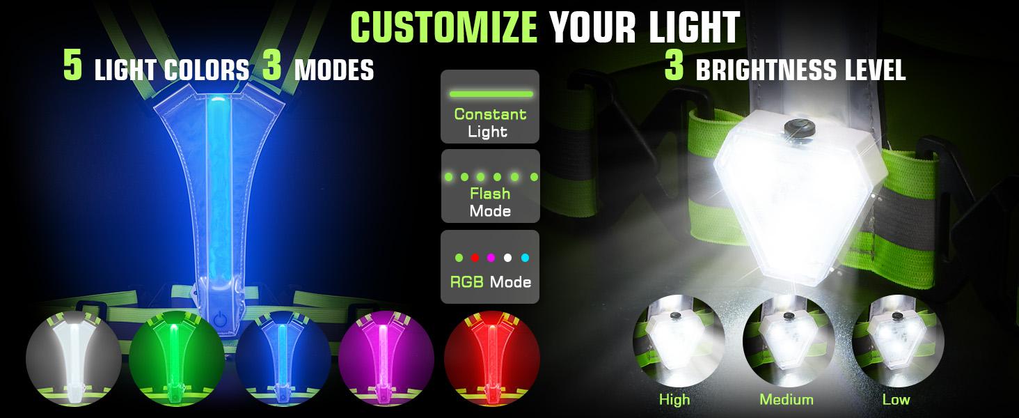 LED Reflective Vest with Chest Light 500LM, 5 RGB Colors High Visibility Rechargeable Light Up Running Vest IPX4 Night Safety Running Gear for Dog Walking, Cycling, Adjustable for Men Women