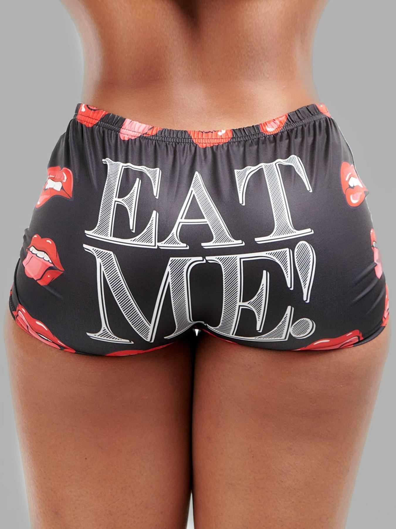 Women's All Over Letter & Lips Print Elastic Waist Shorts, Casual Comfy Breathable Graphic Print Shorts for Summer, Ladies Bottoms for Daily Wear