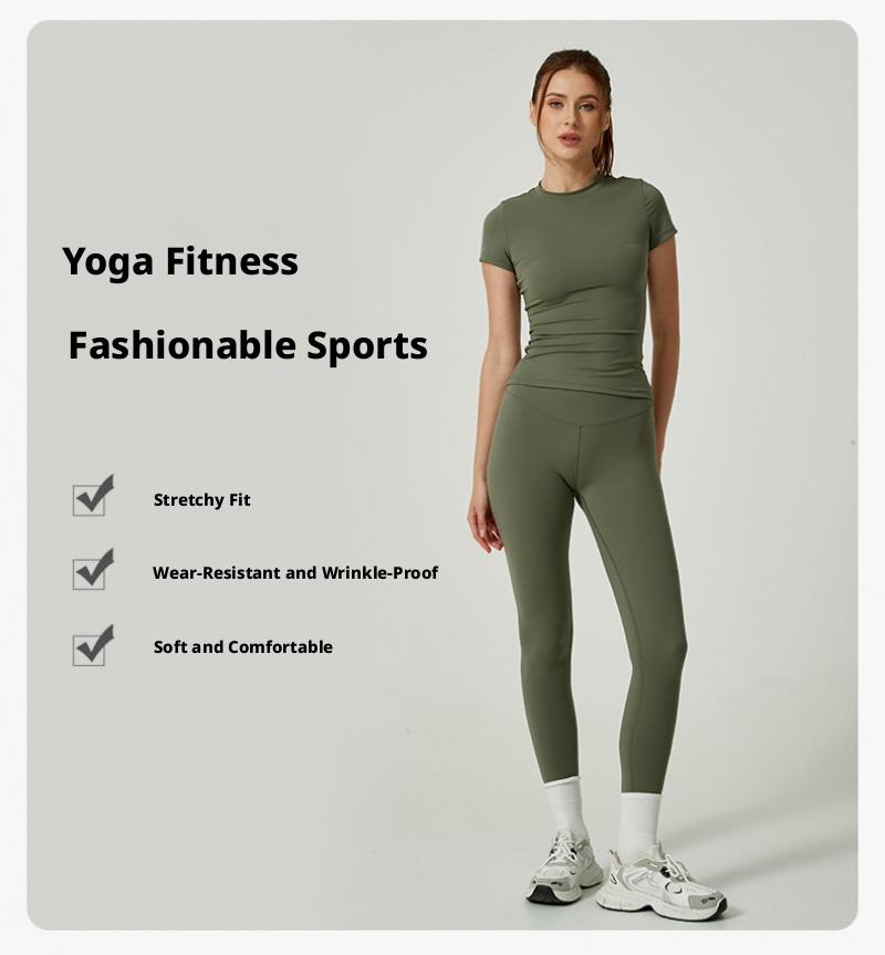 Solid color sports T-shirt set, round neck, slim fit, stretchy fabric, suitable for yoga and gym workouts, women's sportswear, sporty style clothing, fitness shirt, workout top, loose fitness shirt, fitness set