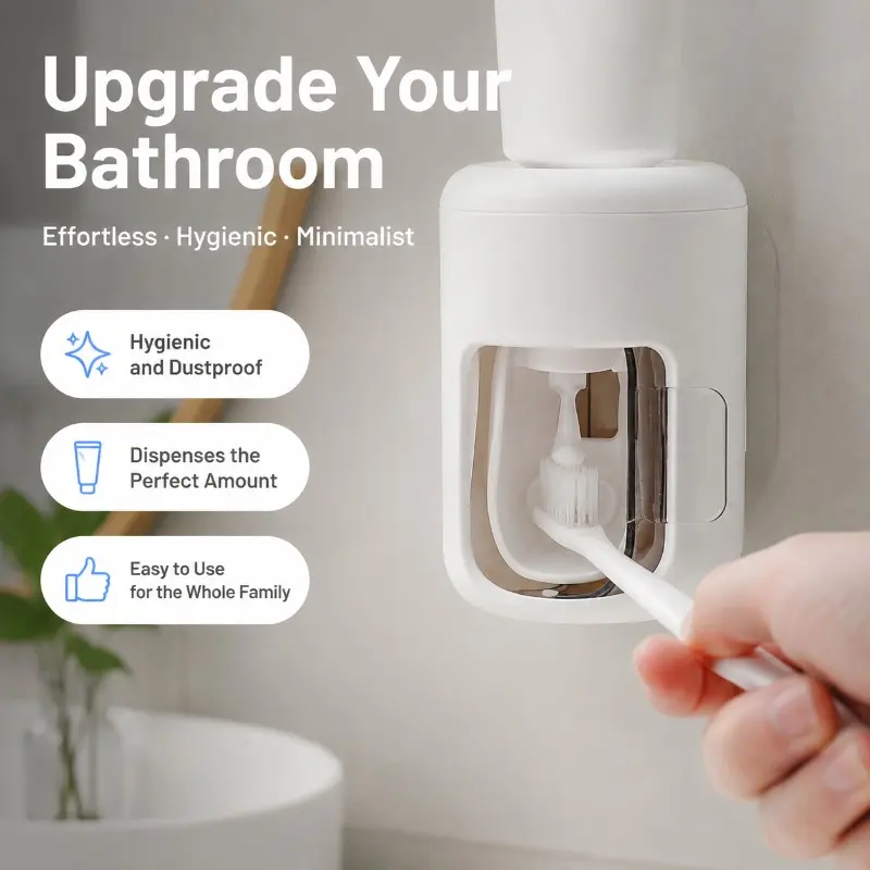 No-Drill Automatic Toothpaste Dispenser – Wall Mounted Hands-Free Squeezer & Storage Rack for Bathroom