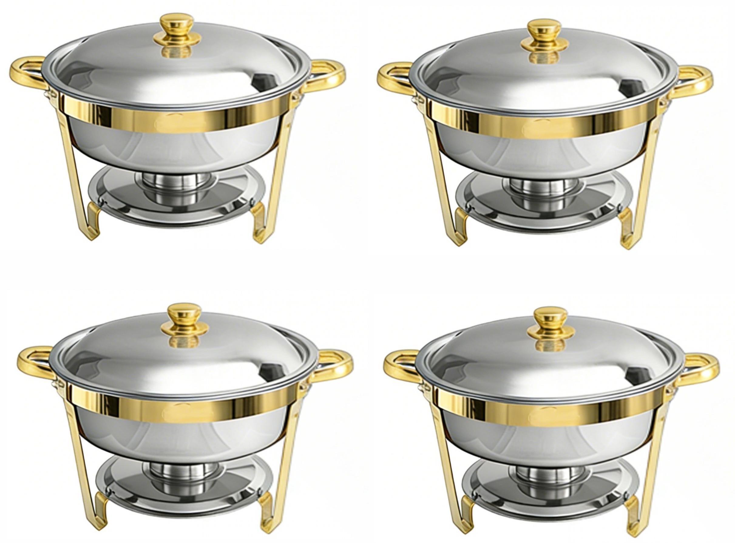 Aobtkel Golden Round Stainless Steel Buffet Catering Pans - 4-Piece Set, Stackable, 5 Qt Capacity, 2-Piece Set Compatible, for Home, Outdoor & Formal Events Kitchenware