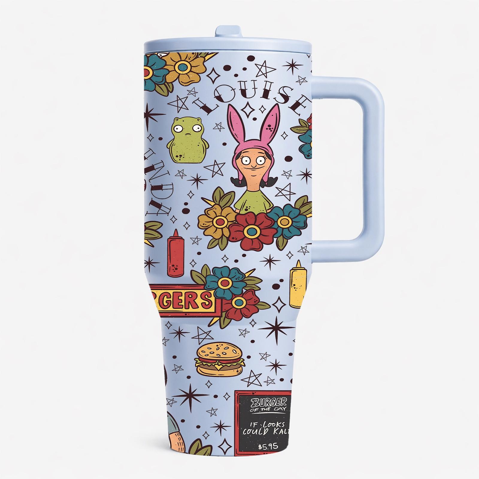 1 PC 40oz Leakproof Insulated Tumbler With Handle And Lid, Double Wall Stainless Steel Travel Mug, Leak Proof, Keeps Drinks Hot 12H Cold 24H, Cartoon Burger Family Print Cup, Large Capacity Thermal Mug, Flasks For Iced Coffee, Water, Gifts For Women Men