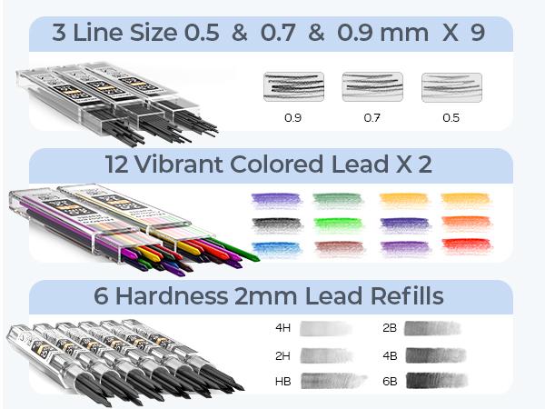 Nicpro 35Pack Art Mechanical Pencil Set, 3 Metal Drafting Pencil 0.5 mm & 0.7 mm & 0.9 mm & 3 Pack 2mm Lead Holder (6B 4B 2B HB 2H 4H Colors) for Sketching Drawing with 20 Tube Lead Refills Case