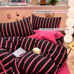3pcs black and hot pink /black white Striped Bedding Set, Includes 1 Fitted Sheet and 2 Pillowcases, Zippered, Soft Fabric, All Seasons #GLOBAL PICKS