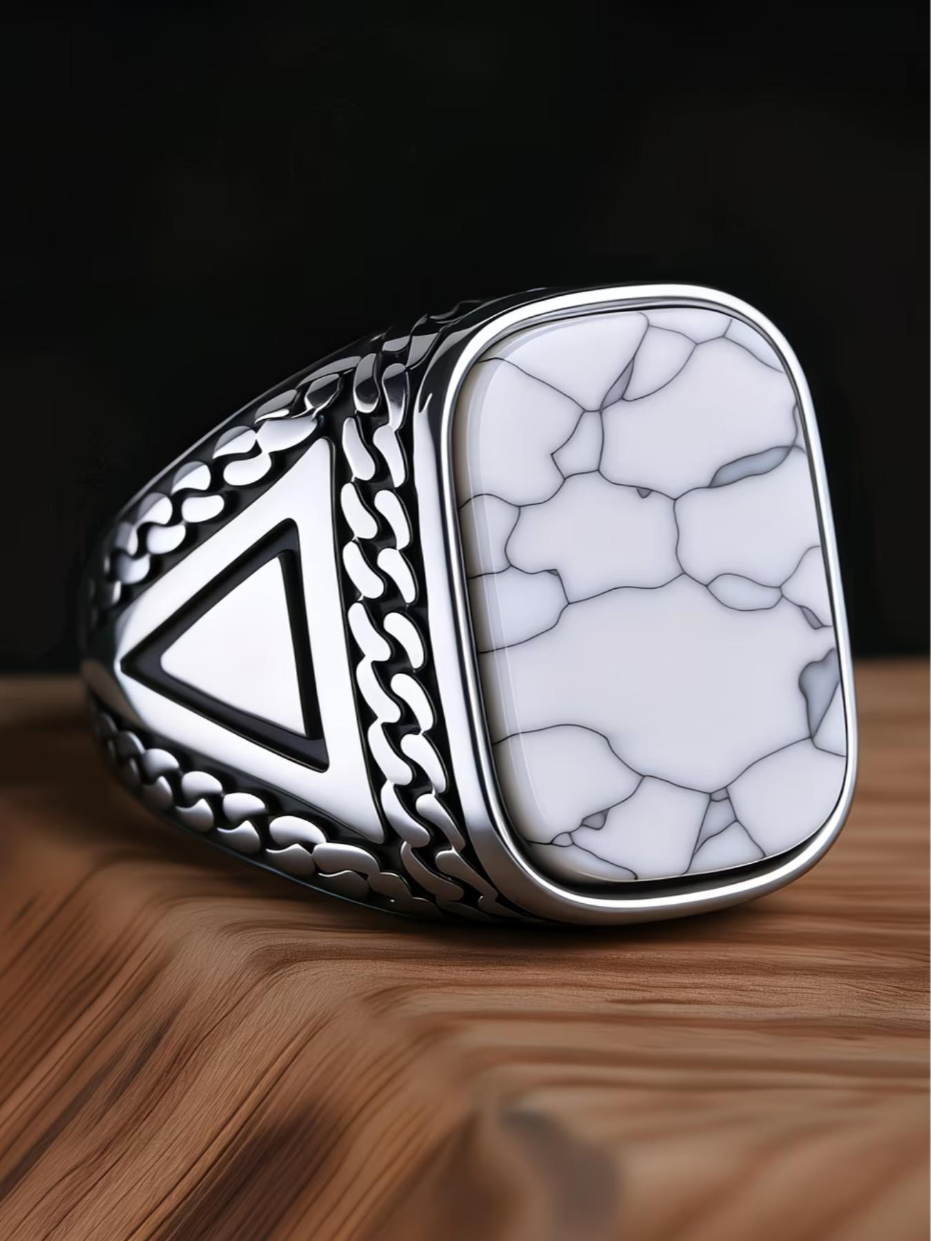 Tribal Style Men's Blue Ring, 316L Stainless Steel, Inlaid with Square Agate, Simple and Grand