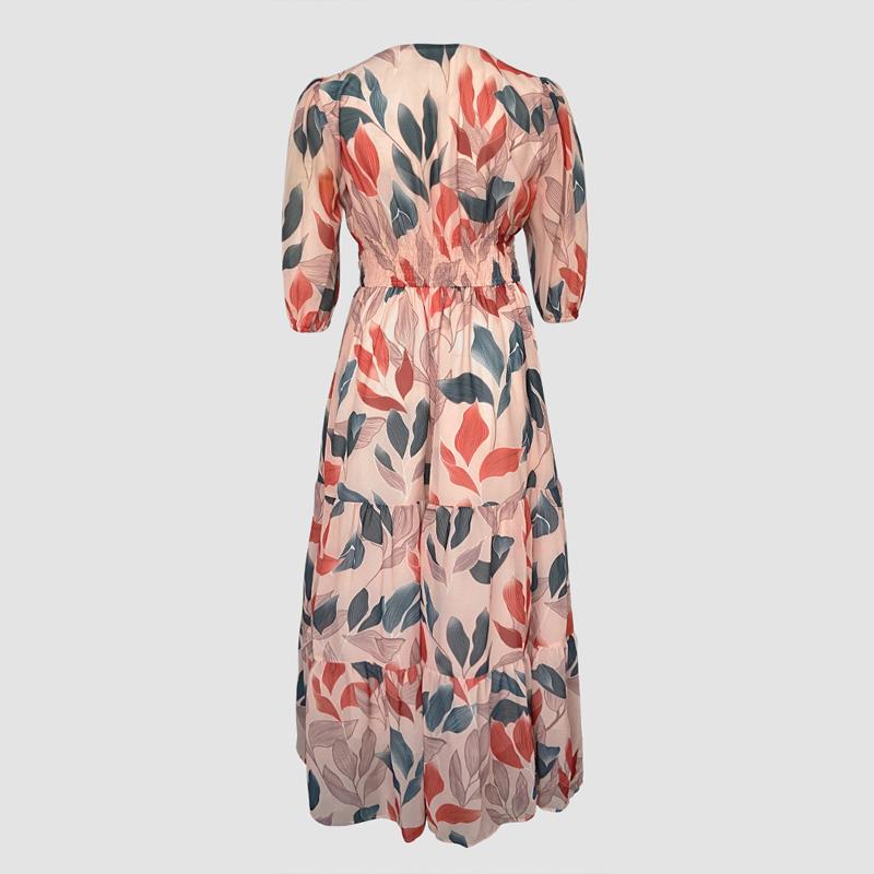 Women's Plants Print V-Neck Puff Sleeve Maxi Dress.. Women's Plants Print V-Neck Puff Sleeve Maxi Dress..