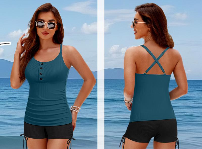 Daci Tankini Swimsuits for Women - Two Piece Tummy Control Swimsuits Ribbed Tankini Top with Shorts Button Bathing Suits