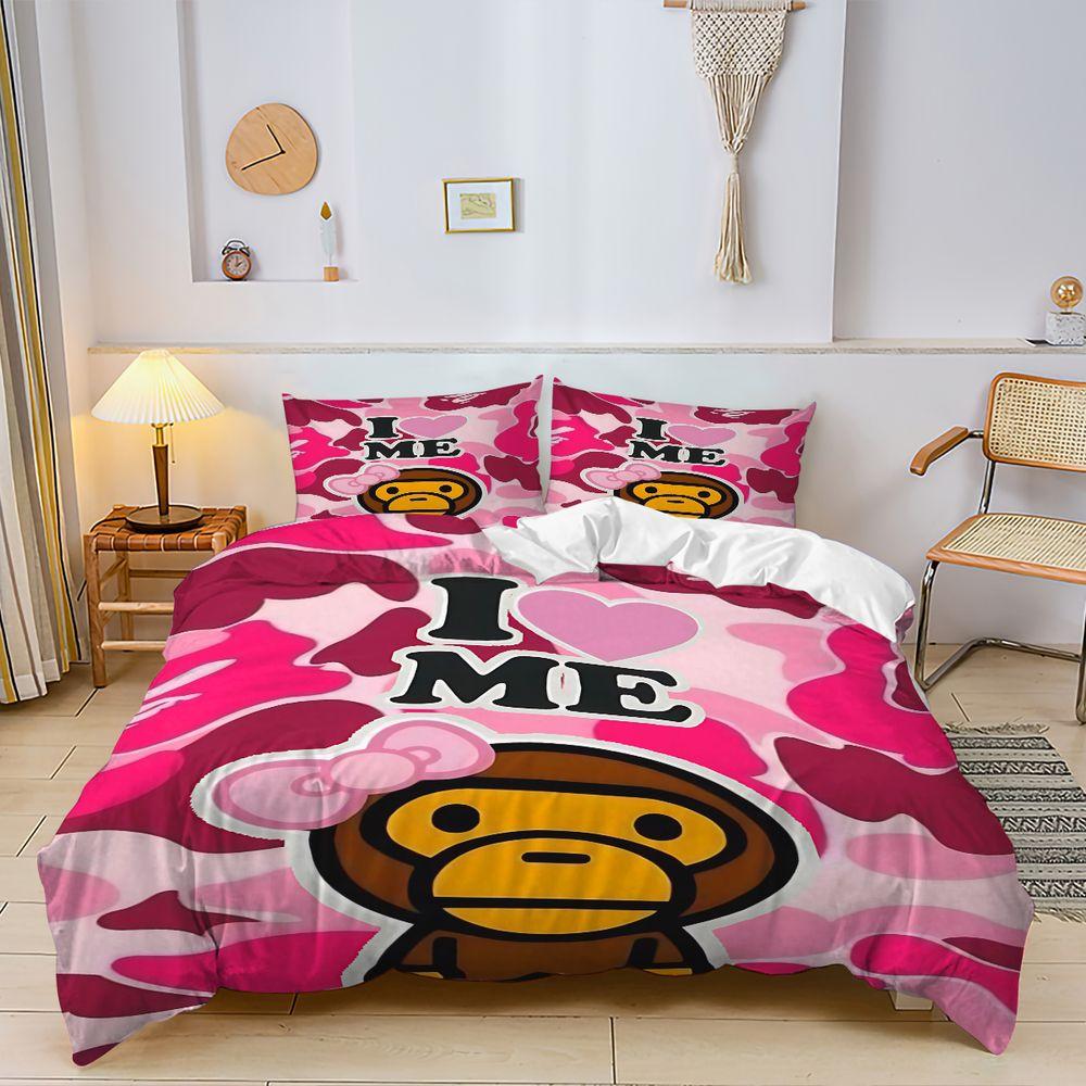 2/3Pcs Playful Pink Camouflage Duvet Cover Set, Decorative Duvet Cover, I Love ME Monkey Cartoon Bedding Set, Vibrant and Cozy Bedroom Decor, Perfect for Self-Love Vibe in Every Girl's Room!Includes 1 or 2 Pillowcase - No filling/Zipper Closure