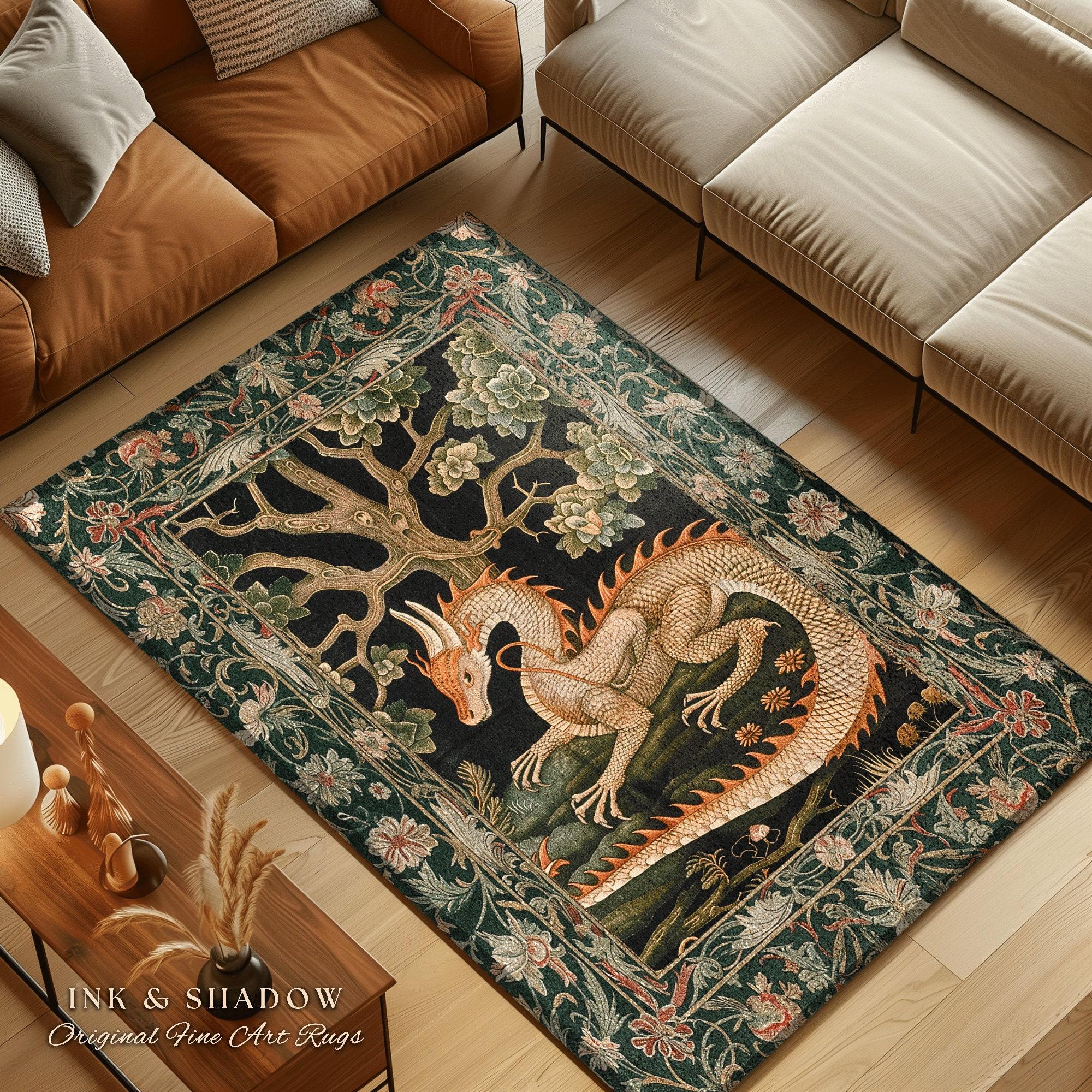 Vintage Medieval Dragon Floral Tapestry Flannel Area Rug - Gothic Mythical Creature Print Soft Mat for Living Room, Non-Slip Cottagecore Home Decor#MedievalDragonRug #FloralTapestryMat #GothicMythDecor #CottagecoreCarpet #NonSlipFlannelRug