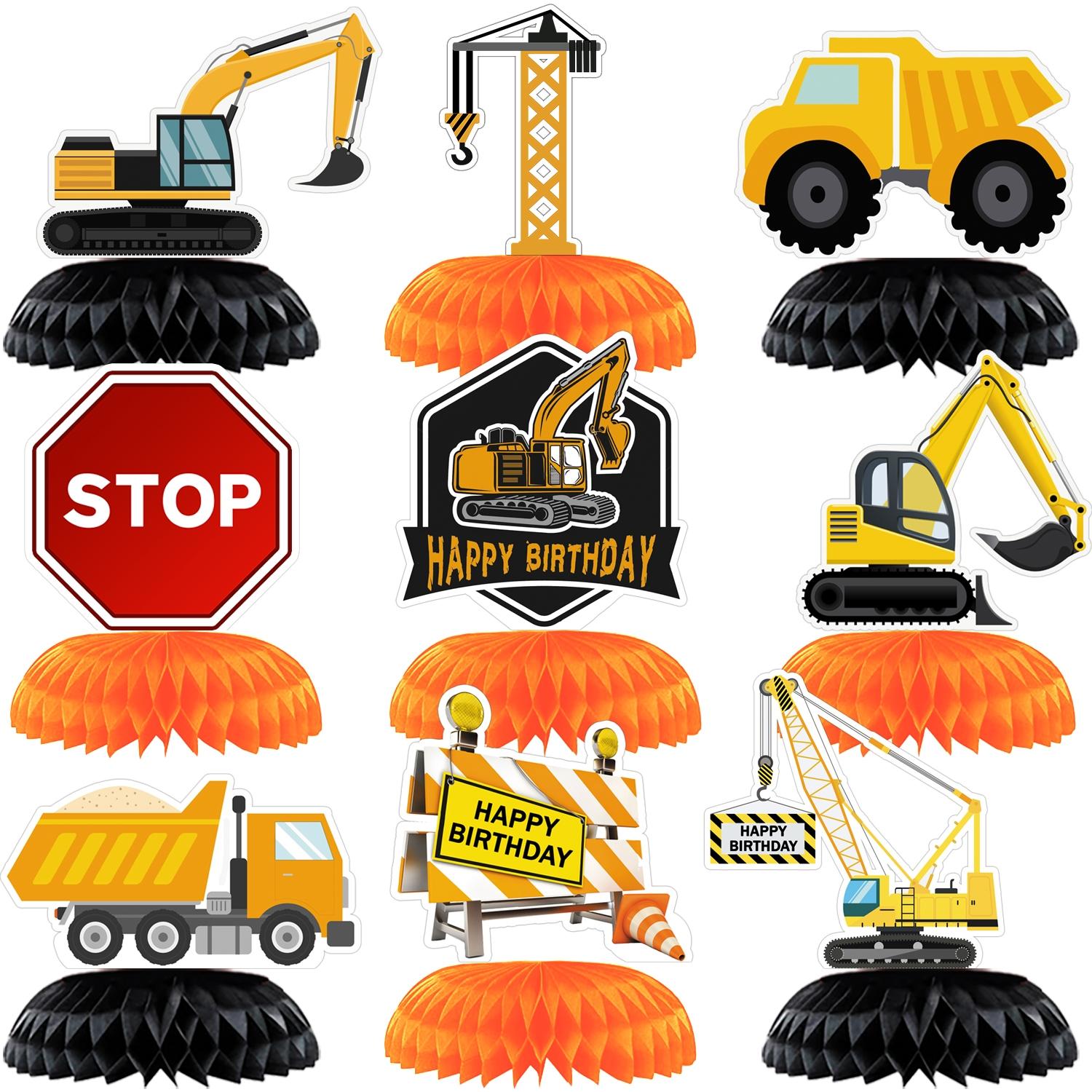 9Pcs Construction Party Decorations Honeycomb Centerpieces Dump Truck Excavator Table Toppers 3D Paper Ornaments for Kids Boy Birthday Party Supplie