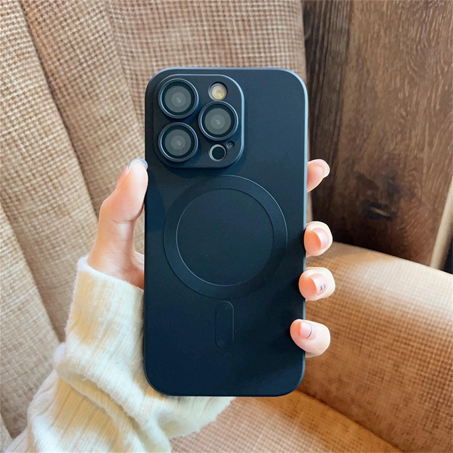 For iPhone 17 Pro Max 16 15 14 13 12 11 Pro Max Mag Safe Slim Case with Glass Camera Lens Cover Durable Silicone Slim Shockproof Cover (Black)