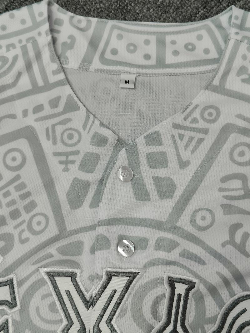 Men's baseball jersey with "MÉXICO" Embroidered with retro Mexican style, loose button cardigan suitable for sports and daily cultural wear, niche trend, Stylish jersey Men's baseball jersey with "MÉXICO" Embroidered with retro Mexican style, loose button cardigan suitable for sports and daily cultural wear, niche trend, Stylish jersey