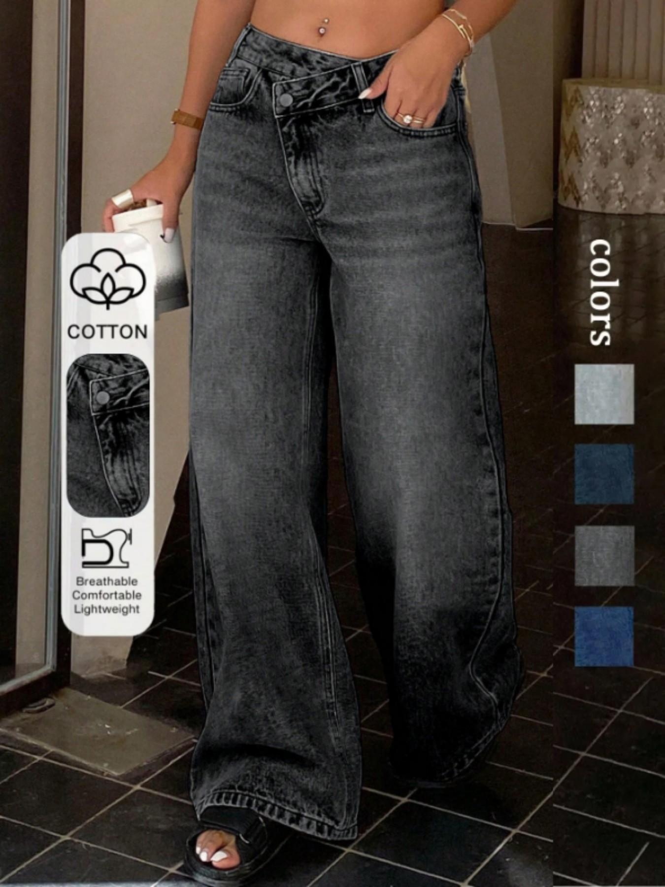 Women's Pocket Zipper Asymmetrical Wide Leg Jeans, Casual Fashion Pants for All Seasons