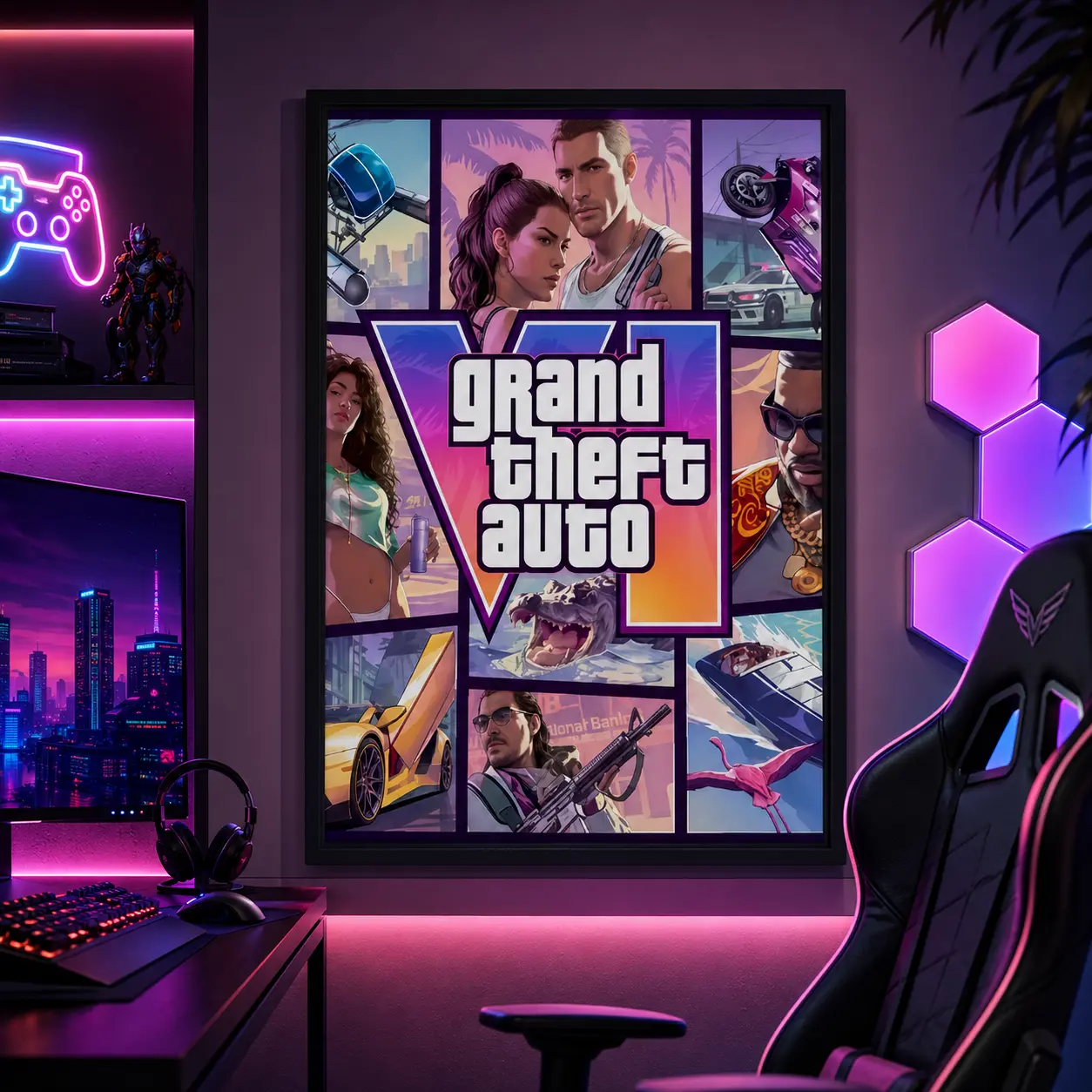 GTA 6 Grand Theft Auto VI Canvas Poster, Gaming Wall Art Print, Open World Video Game Artwork Decor for Bedroom Teen Room Studio Gaming Setup, Aesthetic Graphic Poster, Street Culture Inspired Collectible, Gift for Gamer Fans