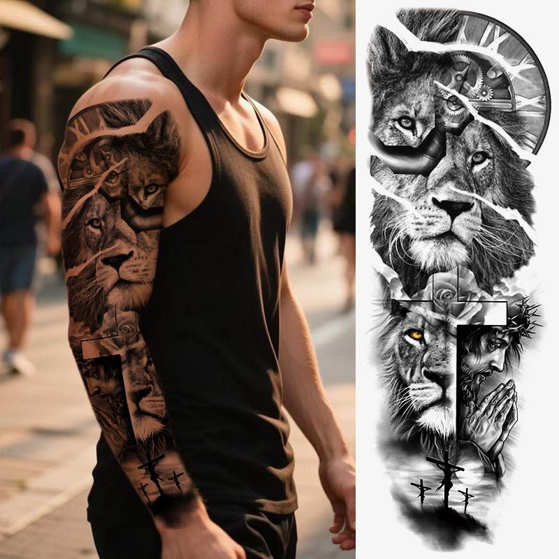 6 Sheets Lion Animal Temporary Tattoo Stickers, Large Full Arm Fake Tattoos for Men Women Adults, Long-Lasting Body Art Makeup