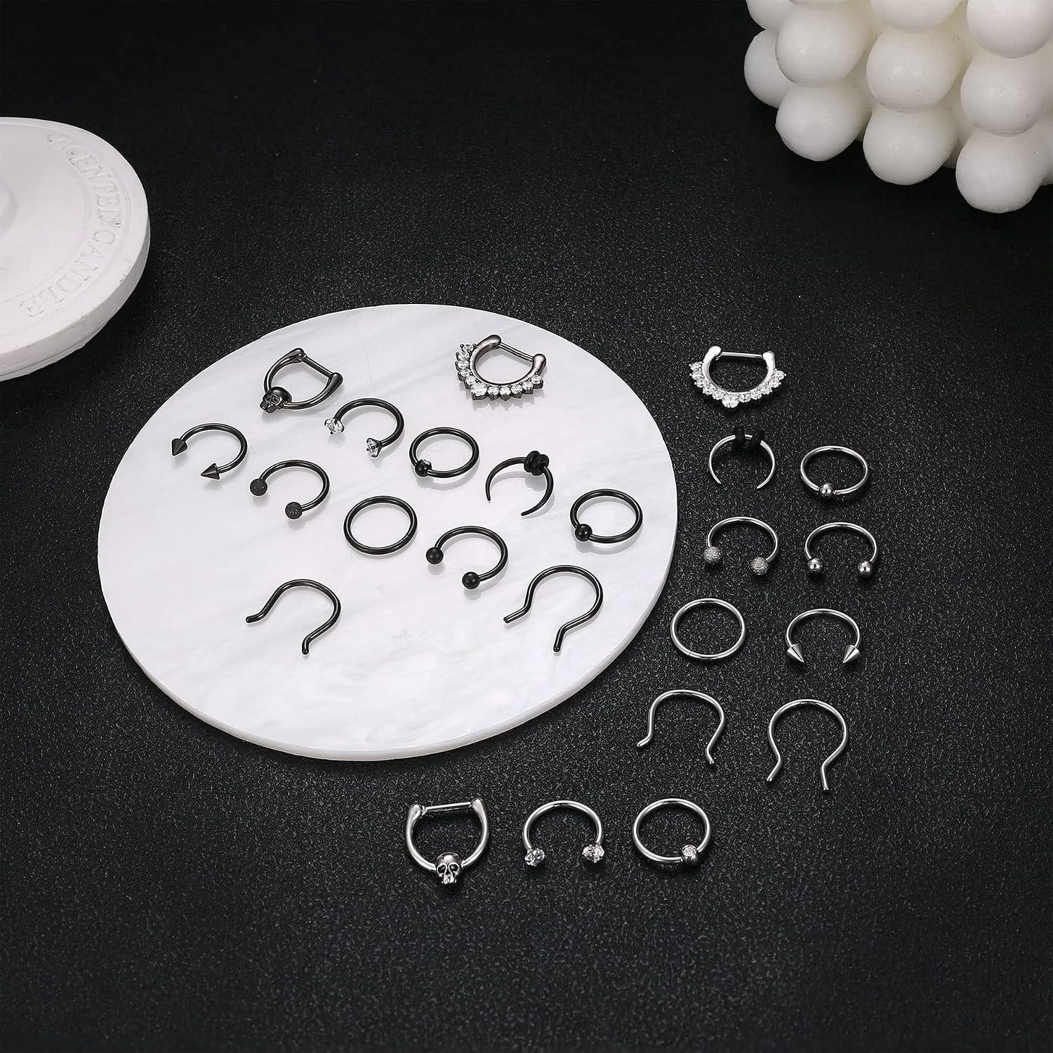 24PCS 16G Hypoallergenic Surgical Steel Septum Clicker Hoops Bundle Unisex, 8mm & 10mm CZ Inlaid Horseshoe Multi-Wear Piercing Jewelry, Nose Rings Set Lip Helix Daith Cartilage Rings