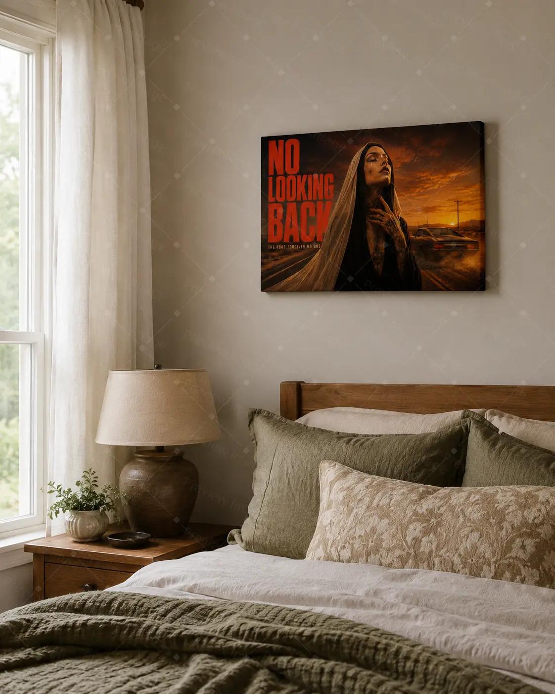 "No Looking Back" Canvas Wall Art, Road Trip Nun & Sunset Desert Print, Modern Aesthetic Living Room Bedroom Office Decor, Statement Poster Gift,wall decor,poster.
