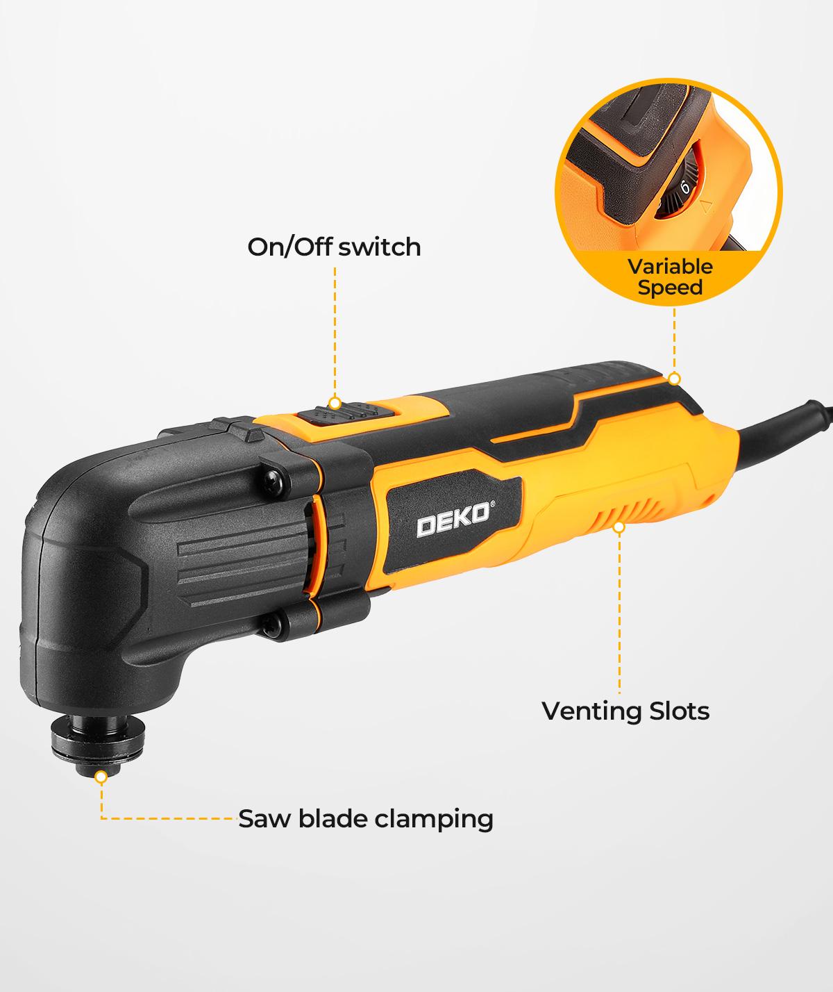 DEKO 300W/2.5A Corded Oscillating Tool With 10 Sandpapers Grinding Pads Wrench 1-1/4 Inch End Cutting Blade 6 Adjustable Speeds Up To 22,000 RPM 120V Multi-Function Saw For DIY Home Renovation Cutting Sanding Polishing Scraping