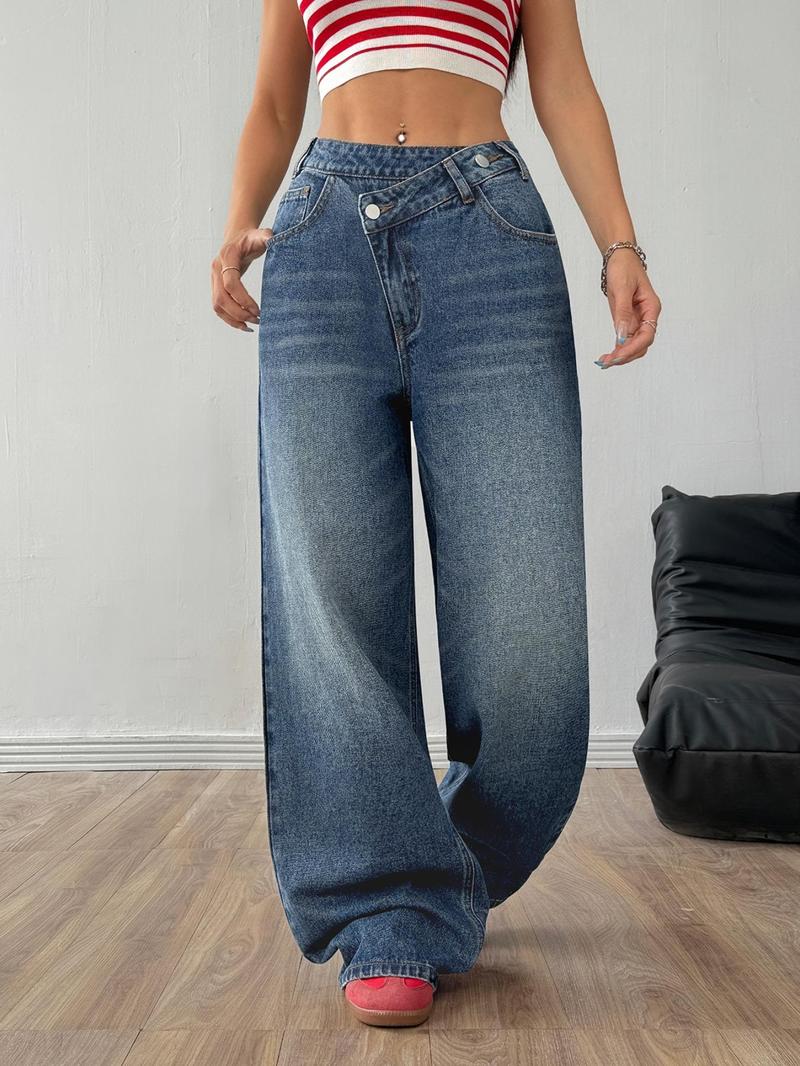 OBlue Jeans Women's Plain Asymmetrical Waist Button Baggy Stacked Jeans, Fashion Casual Denim Jeans for Daily Wear, Ladies Bottoms for All Seasons