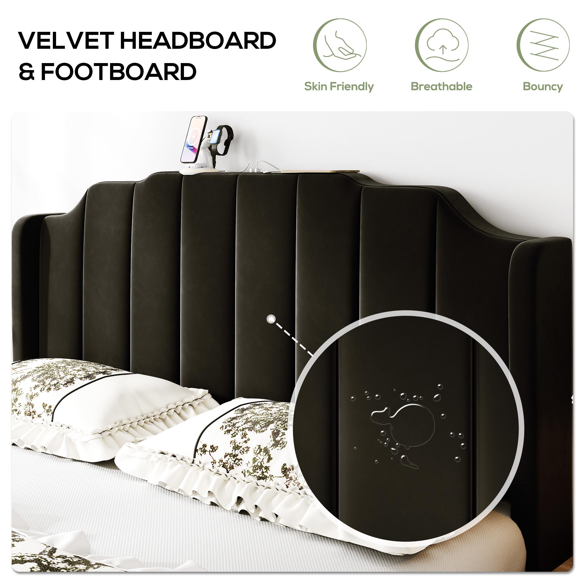 MUTICOR Upholstered Bed Frame with Power Outlets,Full/King/Queen Bed Frame, Velvet Classic Headboard & Footboard, No Box Spring Needed,Solid Wood Slats#TikTokShopBlackFriday #ChristmasGifts