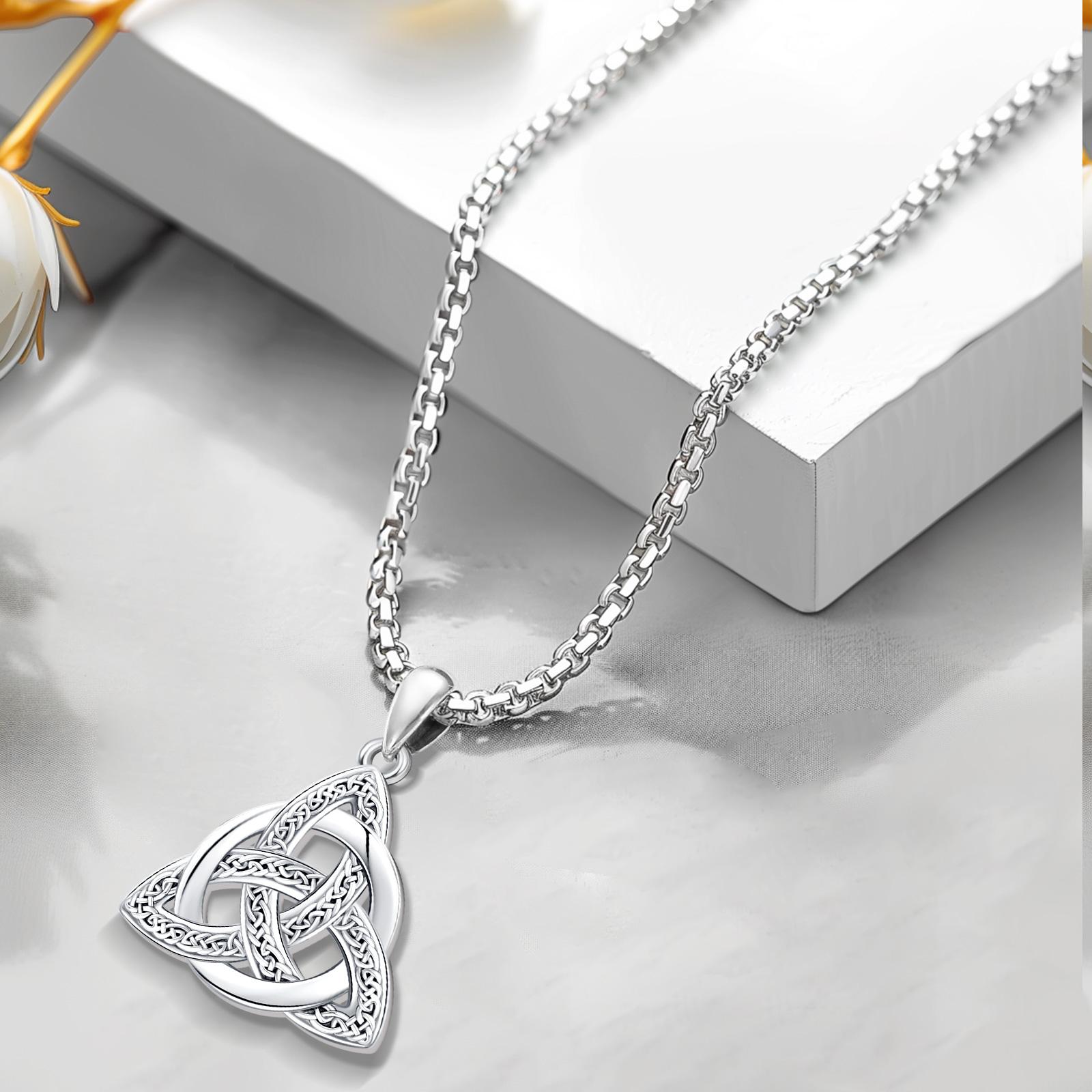 DRINSPER Triquetra Celtic Necklace 925 Sterling Silver Wiccan Jewelry, Celtic Knot Triangle Trinity Pendant, Vintage Viking Celtic Knot with Round Protection Amulet Necklace, Witches Trinity Knot Pendant Gift with Steel Chain For Man Women