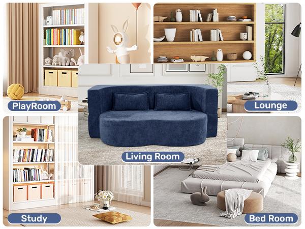 78" Convertible Sofa Bed with Pillows Queen Sleeper Sofa,Foam Folding Mattress Sleeper Modern Teddy Fabric Floor Cushion and Futon Chaise Lounge Sofa,For Apartments,Guest Rooms,Guest Use,Condo,Blue