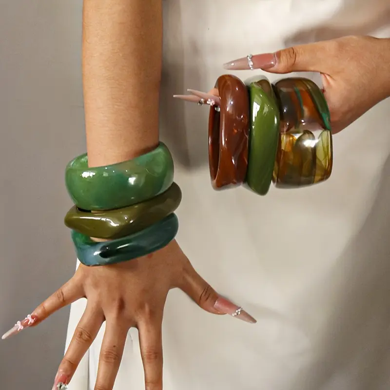 3pcs Green Minimalist Resin Bracelet Set, Suitable for Festivals, Parties, Dates, Daily Wear, and Unique Styles