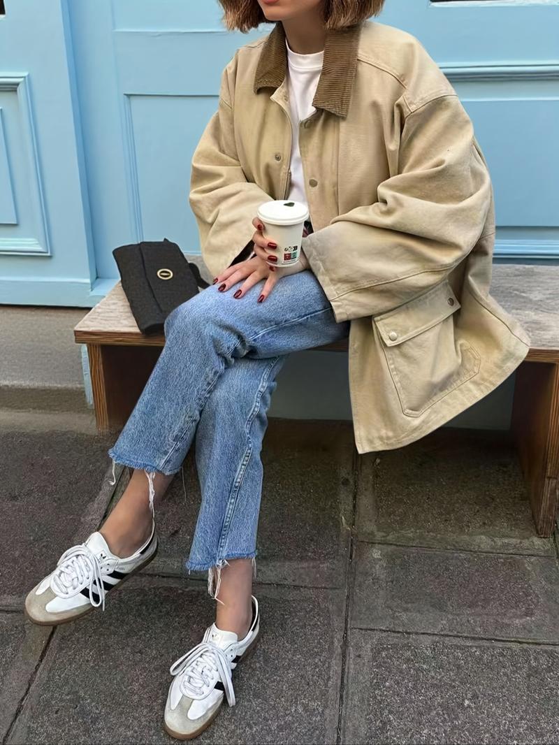 Autumn Winter New European Style Women's Retro Casual Loose Colorblock Corduroy Lapel Windbreaker Coat, Slim-Fit Woven Fabric Jacket