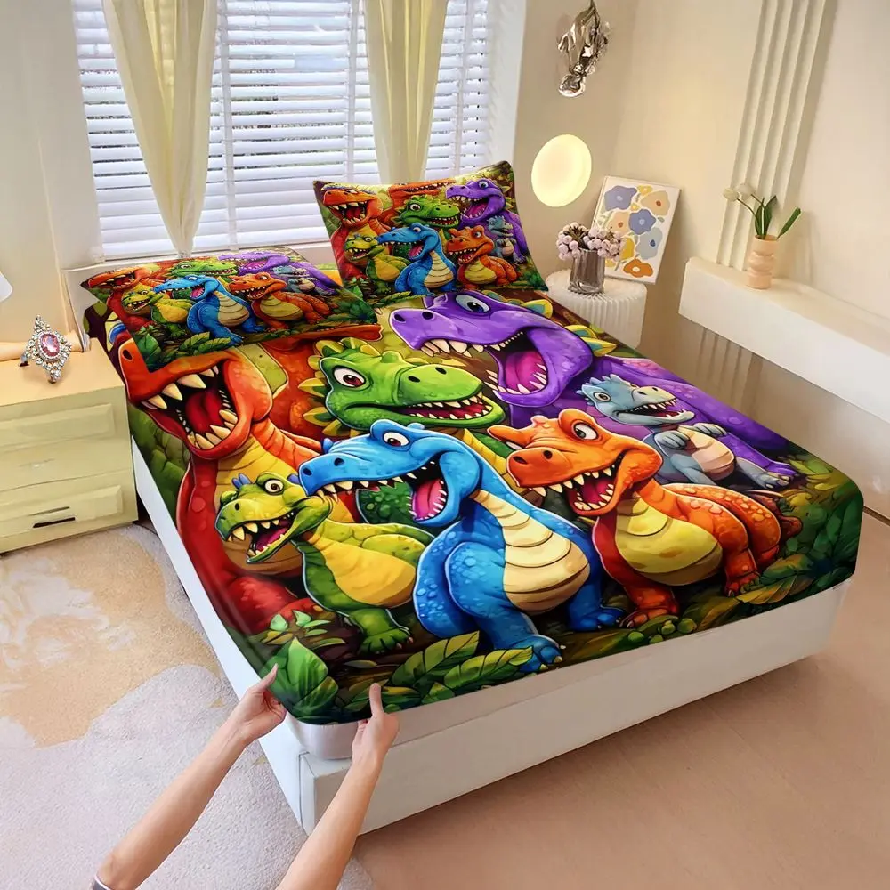 3pcs Dinosaur Print Fitted Sheet Set (Includes 1 Fitted Sheet And 2 Pillowcases; No Pillow Core). Vibrant Digital Printed Bed Sheet Set, Fun Jurassic Theme Bedding For Kids Bedrooms, Soft, Breathable, And Perfect For All Seasons, Toddler Sheet Set