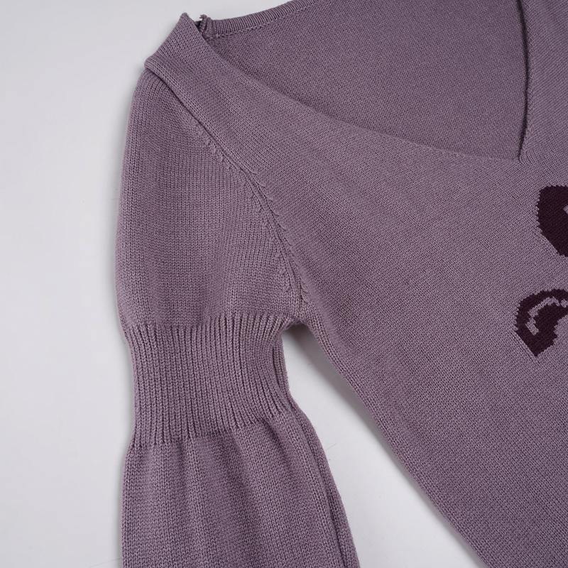 Autumn Winter New Fashion Casual Vintage Floral Jacquard Knitting Slim Fit Long Sleeve Sweater V Neck Y2K Aesthetic Pullover Knitwear Womenswear